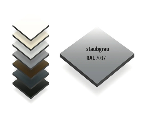 Farbmuster für Bauplatten in staubgrau RAL 7037 mit einer Auswahl weiterer Farben.