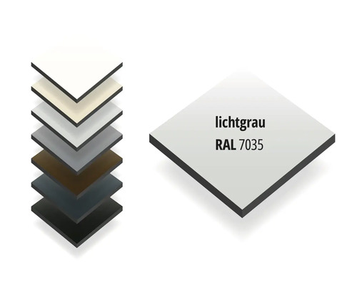 Farbmuster einer Hochdrucklaminat-Platte in Lichtgrau RAL 7035.