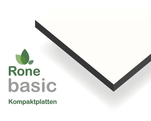 Rone Logo mit einer Detailansicht der Kante einer Rone basic Kompaktplatte.