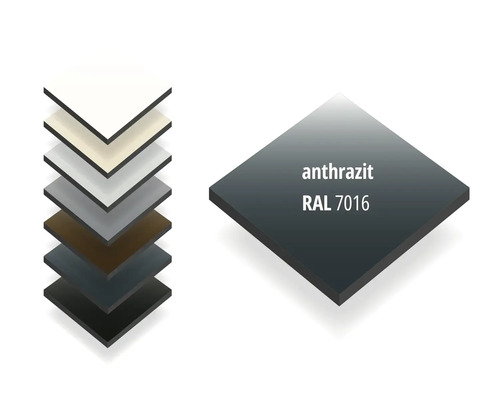 Farbauswahl für HPL-Platten mit Detailansicht der Farbe Anthrazit RAL 7016.