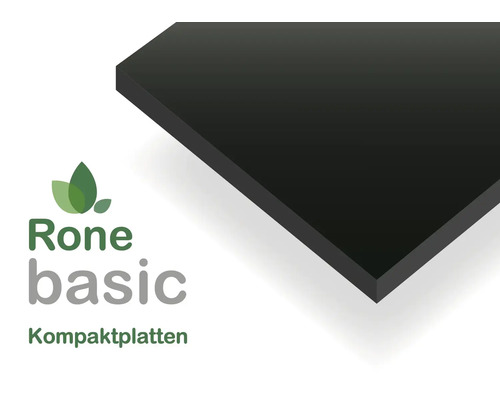 Detailansicht der Ecke einer schwarzen Rone basic Kompaktplatte, Rone basic Logo.