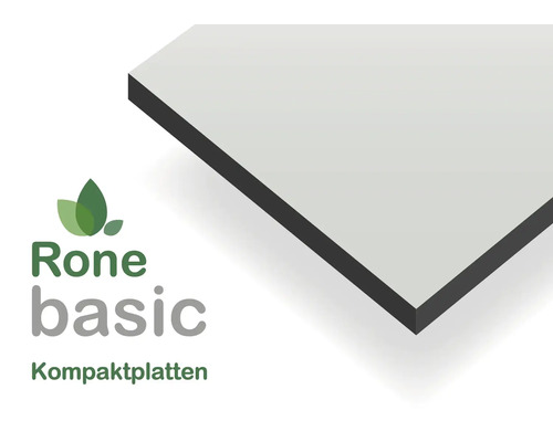 Rone basic Kompaktplatte mit heller Oberfläche, dunklem Kern und Rone basic Logo.