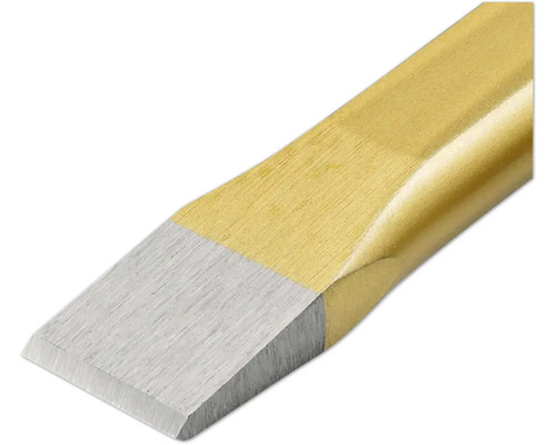 Detailansicht einer flachen Meißelspitze aus Metall mit angeschliffener Schneide.