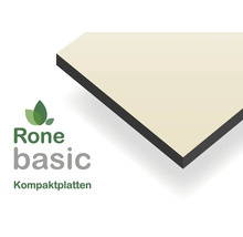 Rone basic Kompaktplatte mit beiger Oberfläche und dunklem Kern. Rone basic Logo.