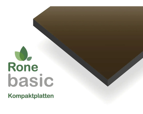 Rone basic Kompaktplatte mit dunklem Kern, Detailansicht einer Ecke, Rone basic Logo.