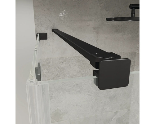Schwarze Stabilisationsstange für Duschwände aus Glas, Wandmontage zu Glaspaneel, eckiges Profil, matte Oberfläche.