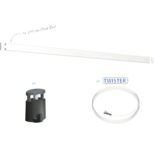 Bildergaleriesystem Set mit 200 Zentimeter Click Rail Schiene zwei Bilderhaken und zwei Twister Seilen zur Wandmontage von Kunstobjekten