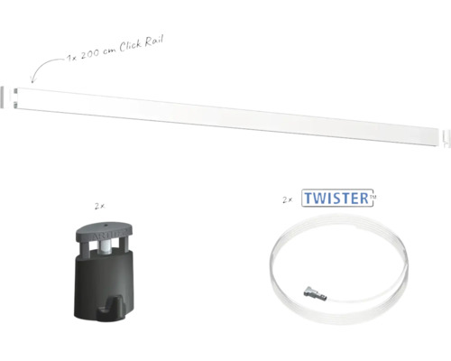 Bildergaleriesystem Set mit 200 Zentimeter Click Rail Schiene zwei Bilderhaken und zwei Twister Seilen zur Wandmontage von Kunstobjekten