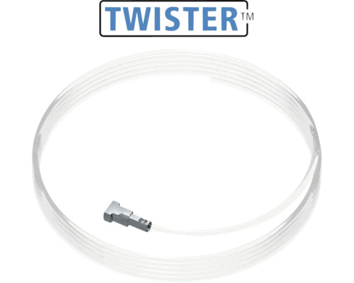 Twister Logo mit einem transparenten Seil für Galerieschienen und einem Befestigungselement aus Metall.