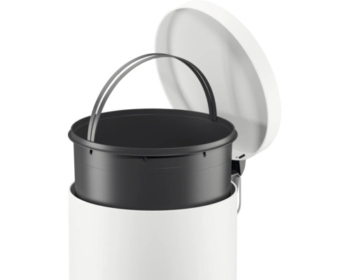 Ein runder Abfalleimer mit Deckel und herausnehmbarem Inneneimer aus Kunststoff mit Tragegriff.