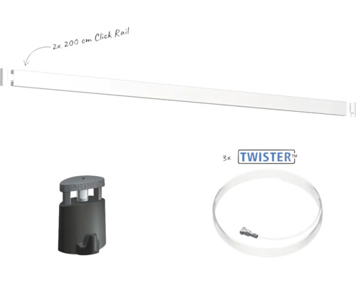 Bildergaleriesystem Set bestehend aus zwei 200 Zentimeter Click Rails, drei Twister Aufhängeseilen und passenden Haken zur Wandmontage.