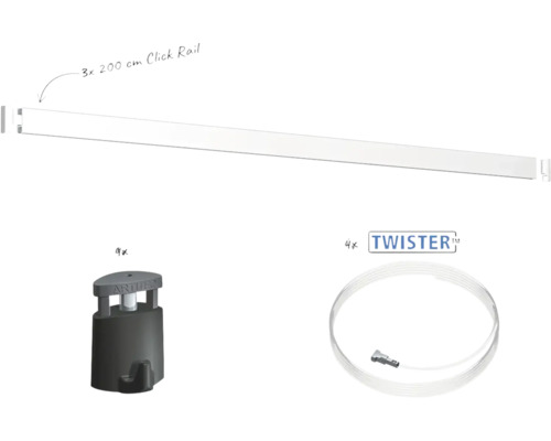 Artiteq Bilderschienen Set mit drei Click Rail Schienen zu 200 Zentimeter sowie vier Twister Aufhängesystemen mit Haken
