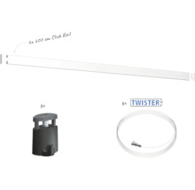 Set bestehend aus sechs Click Rail Galerieleisten mit 200 Zentimeter Länge, acht Bilderhaken und acht Twister Seilen für Galerien.