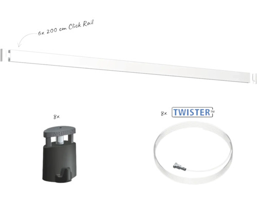 Set bestehend aus sechs Click Rail Galerieleisten mit 200 Zentimeter Länge, acht Bilderhaken und acht Twister Seilen für Galerien.