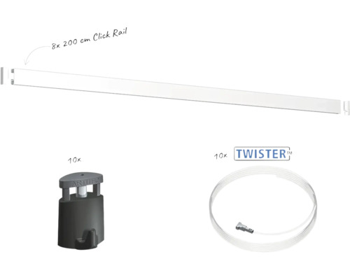Artiteq Bilderschienenset bestehend aus acht Click Rails mit je 200 Zentimetern sowie zehn Haken und zehn Twister Seilaufhängungen