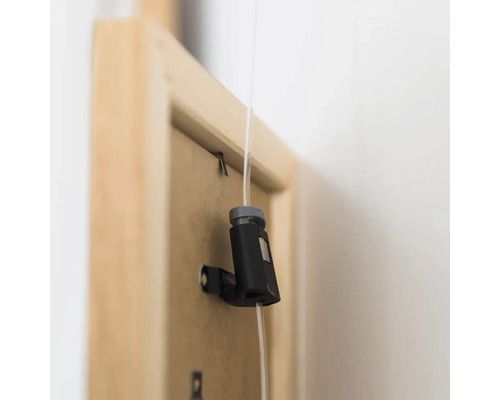 Bilderhaken für Galerieschienen mit Nylonseil zur Aufhängung von Bilderrahmen an der Rückseite.