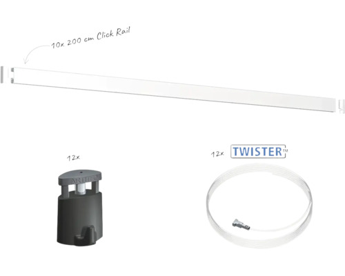 Bildergaleriesystem Set mit 10 Click Rail Schienen zu 200 Zentimeter, 12 Bilderhaken und 12 Twister Seilen für die Wandmontage.