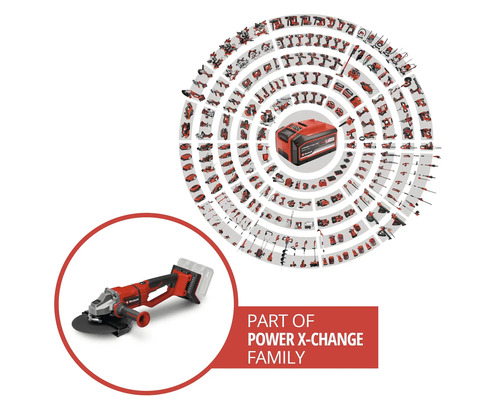 Einhell Akku-Winkelschleifer als Teil der Power X-Change Familie mit einer Übersicht kompatibler Werkzeuge und Gartengeräte.