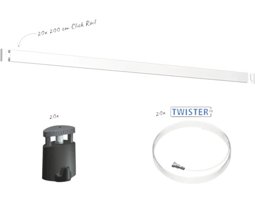 Set mit 20 Click Rail Bilderleisten zu 200 Zentimeter, 20 Haken und 20 Twister Perlonseilen für professionelle Bilderaufhängung.