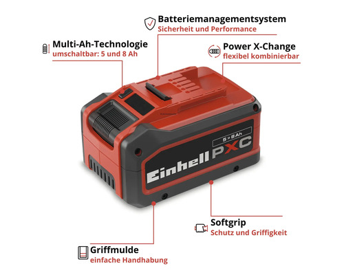 Einhell Power X-Change Akku mit Multi-Ah-Technologie (5 und 8 Ah), Batteriemanagementsystem, Softgrip, Griffmulde und Einhell Logo.