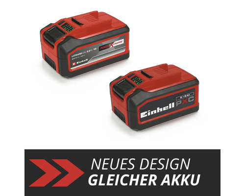 Einhell Power X-Change 18 Volt Lithium-Ionen-Akku mit 5 bis 8 Amperestunden Kapazität in altem und neuem Design.