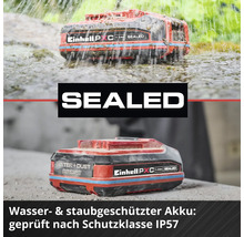 Einhell Akku geschützt gegen Wasser und Staub gemäß Schutzart IP57.