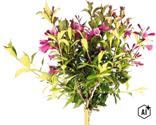 Weigelie mit grün-gelb panaschierten Blättern und rosa Blüten, Zierstrauch als Hochstamm. (Image AI modified or generated)