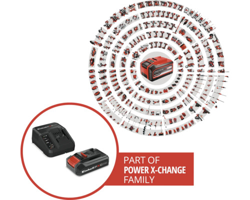 Übersicht der Einhell Power X-Change Produktfamilie mit vielen kompatiblen Akku-Werkzeugen, Gartengeräten, Akku und Ladegerät.