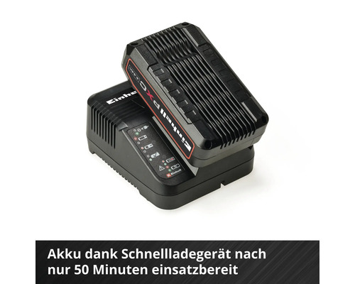 Einhell Schnellladegerät mit Power X-Change Akku, Ladezeit circa 50 Minuten.