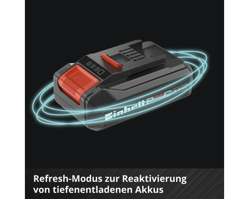 Einhell Power X-Change Akku mit Refresh-Modus zur Reaktivierung von tiefenentladenen Akkus.