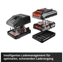 Einhell Power X-Change Akku und Ladegerät in Explosionsdarstellung mit sichtbaren elektronischen Komponenten für intelligentes Lademanagement.