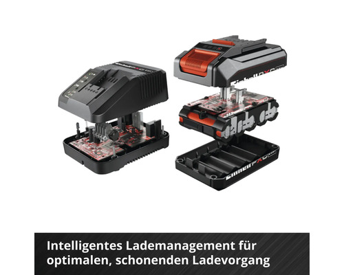 Einhell Power X-Change Akku und Ladegerät in Explosionsdarstellung mit sichtbaren elektronischen Komponenten für intelligentes Lademanagement.