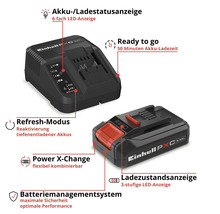 Einhell Power X-Change Akku mit 2,5 Amperestunden und Ladegerät mit 50 Minuten Ladezeit, Refresh-Modus und Batteriemanagementsystem.