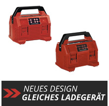 Einhell Power X-Change Ladegerät in zwei Ausführungen mit dem Hinweis auf ein neues Design bei gleichbleibendem Gerät.