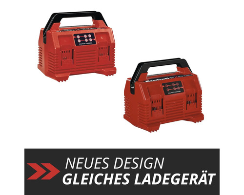 Einhell Power X-Change Ladegerät in zwei Ausführungen mit dem Hinweis auf ein neues Design bei gleichbleibendem Gerät.