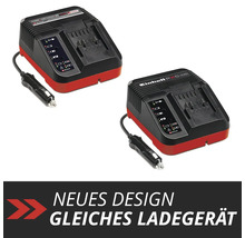 Einhell Power X-Change 12 Volt Ladegerät für das Auto, Darstellung von altem und neuem Gehäusedesign bei gleicher Funktionalität.