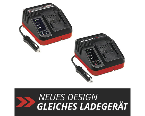 Einhell Power X-Change 12 Volt Ladegerät für das Auto, Darstellung von altem und neuem Gehäusedesign bei gleicher Funktionalität.