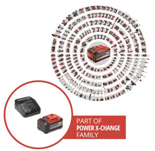 Einhell Power X-Change Akku und Ladegerät als Teil einer großen Produktfamilie mit vielen kompatiblen Werkzeugen und Gartengeräten.