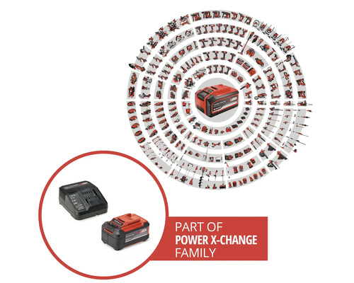 Einhell Power X-Change Akku und Ladegerät als Teil einer großen Produktfamilie mit vielen kompatiblen Werkzeugen und Gartengeräten.