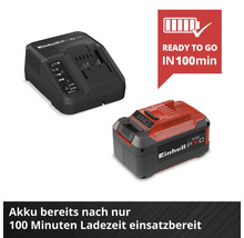 Einhell Power X-Change Akku und Ladegerät, der Akku ist nach 100 Minuten Ladezeit einsatzbereit.