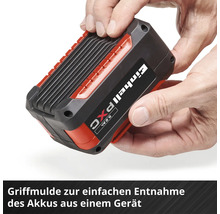 Einhell Power X-Change Akku mit Griffmulde zur einfachen Entnahme aus einem Gerät.