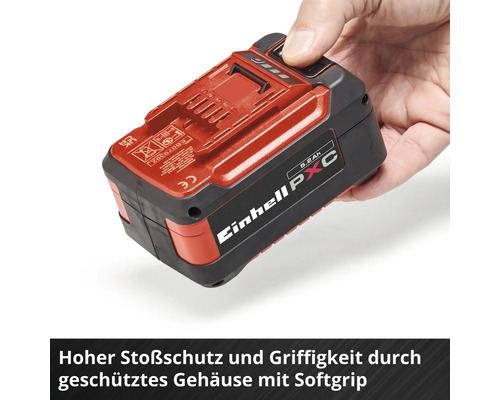 Einhell Power X-Change Akku fünf Komma zwei Amperestunden in einer Hand, Gehäuse mit Softgrip.