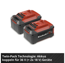 Zwei Einhell Power X-Change 18 Volt Akkus, koppelbar für 36 Volt Geräte.