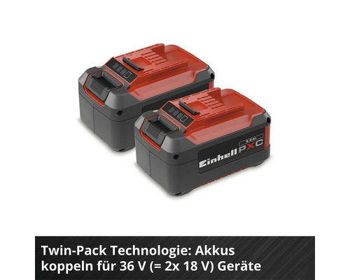 Zwei Einhell Power X-Change 18 Volt Akkus, koppelbar für 36 Volt Geräte.