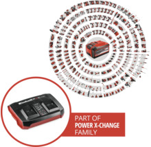 Einhell Power X-Change Doppel-Ladegerät mit einer Übersicht vieler kompatibler Werkzeuge und Gartengeräte des Akku-Systems.