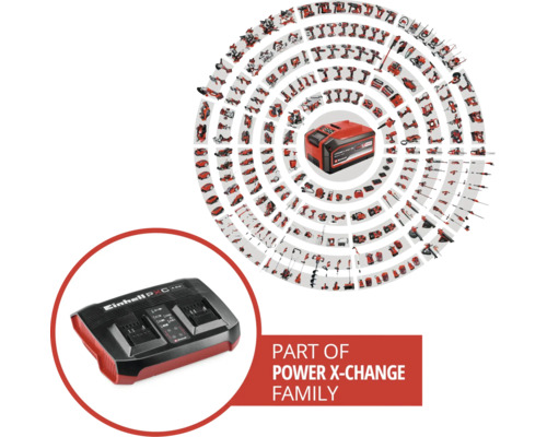 Einhell Power X-Change Doppel-Ladegerät mit einer Übersicht vieler kompatibler Werkzeuge und Gartengeräte des Akku-Systems.