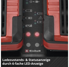 Einhell Logo und Detail der LED-Anzeige für Ladezustand und Gerätestatus an einem Akku-Ladegerät.
