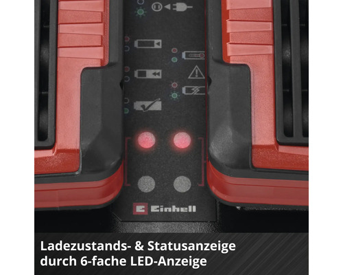 Einhell Logo und Detail der LED-Anzeige für Ladezustand und Gerätestatus an einem Akku-Ladegerät.