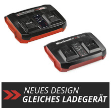 Zwei Einhell Power X-Twincharger Ladegeräte nebeneinander zum Vergleich von altem und neuem Design.