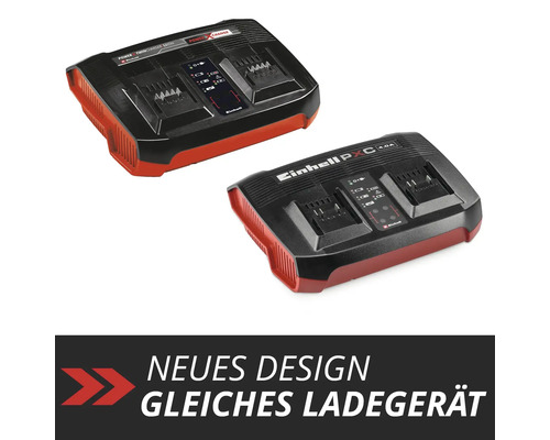 Zwei Einhell Power X-Twincharger Ladegeräte nebeneinander zum Vergleich von altem und neuem Design.